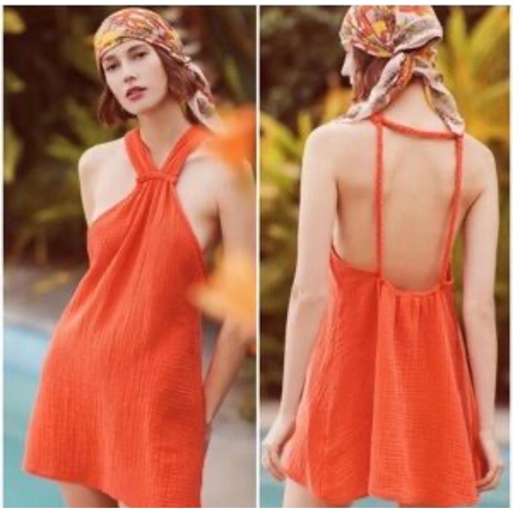 A25 NWT Anthropologie Braided Halter Mini Dress Red Orange Sz‎ LP